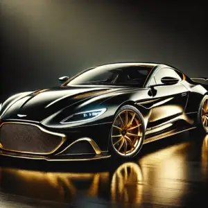 DALL·E 2025-04-11 14.09.20 - A hyper-realistic side view of a luxurious Aston Martin supercar with a sleek black body and bold gold accents. The car features gold rims, gold trim